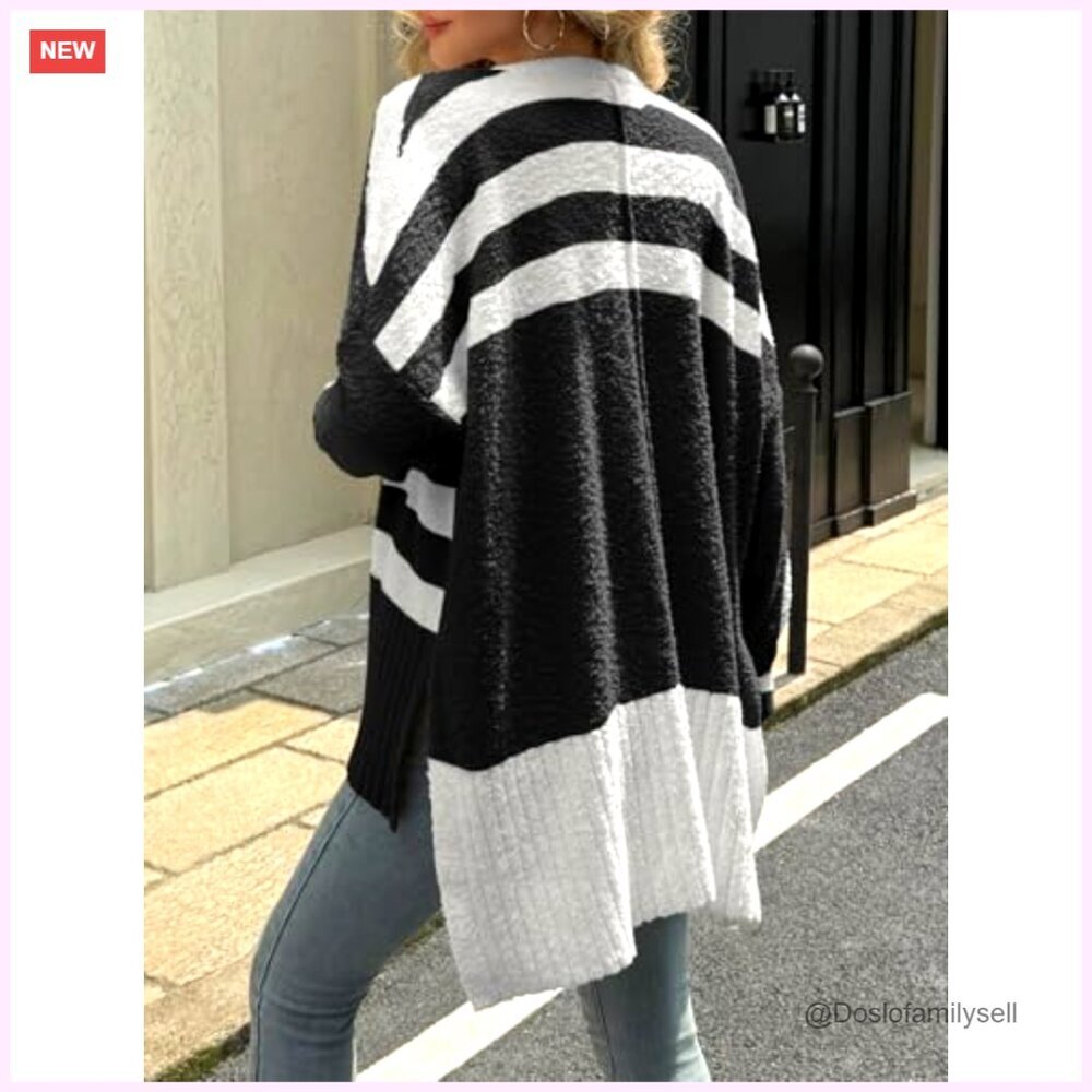 Oversized Fuzzy Knit Cardigan, V-Neck Button Up, Side Slit, Fall Winter Sweater - Picture 5 of 7